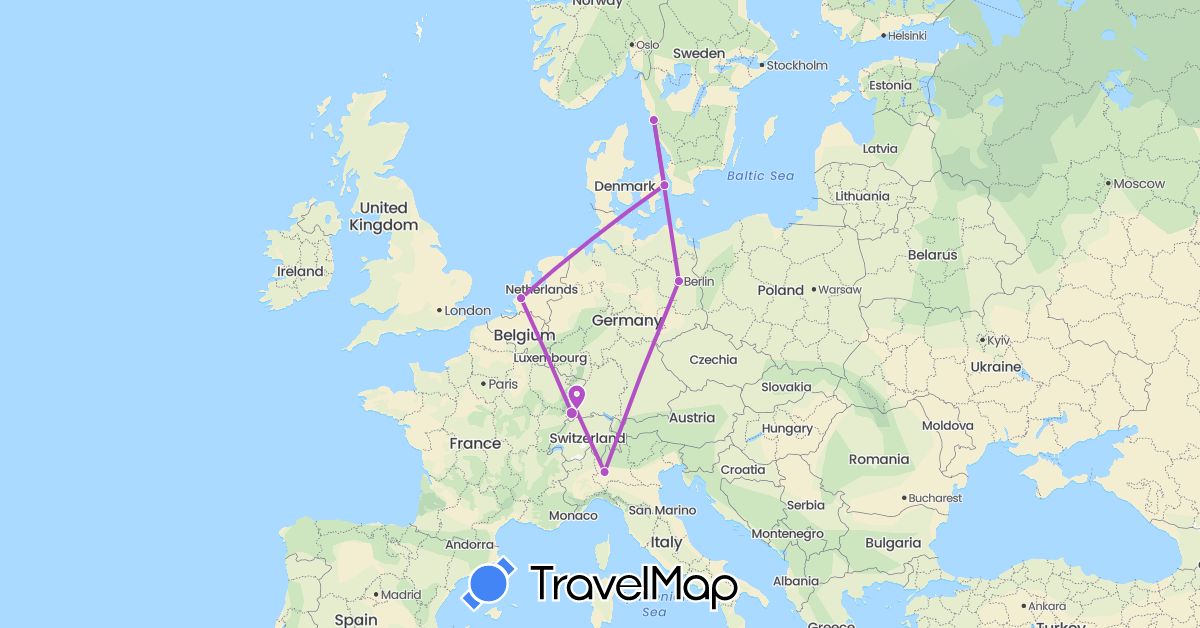 TravelMap itinerary: driving, train in Germany, Denmark, France, Italy, Netherlands, Sweden (Europe)